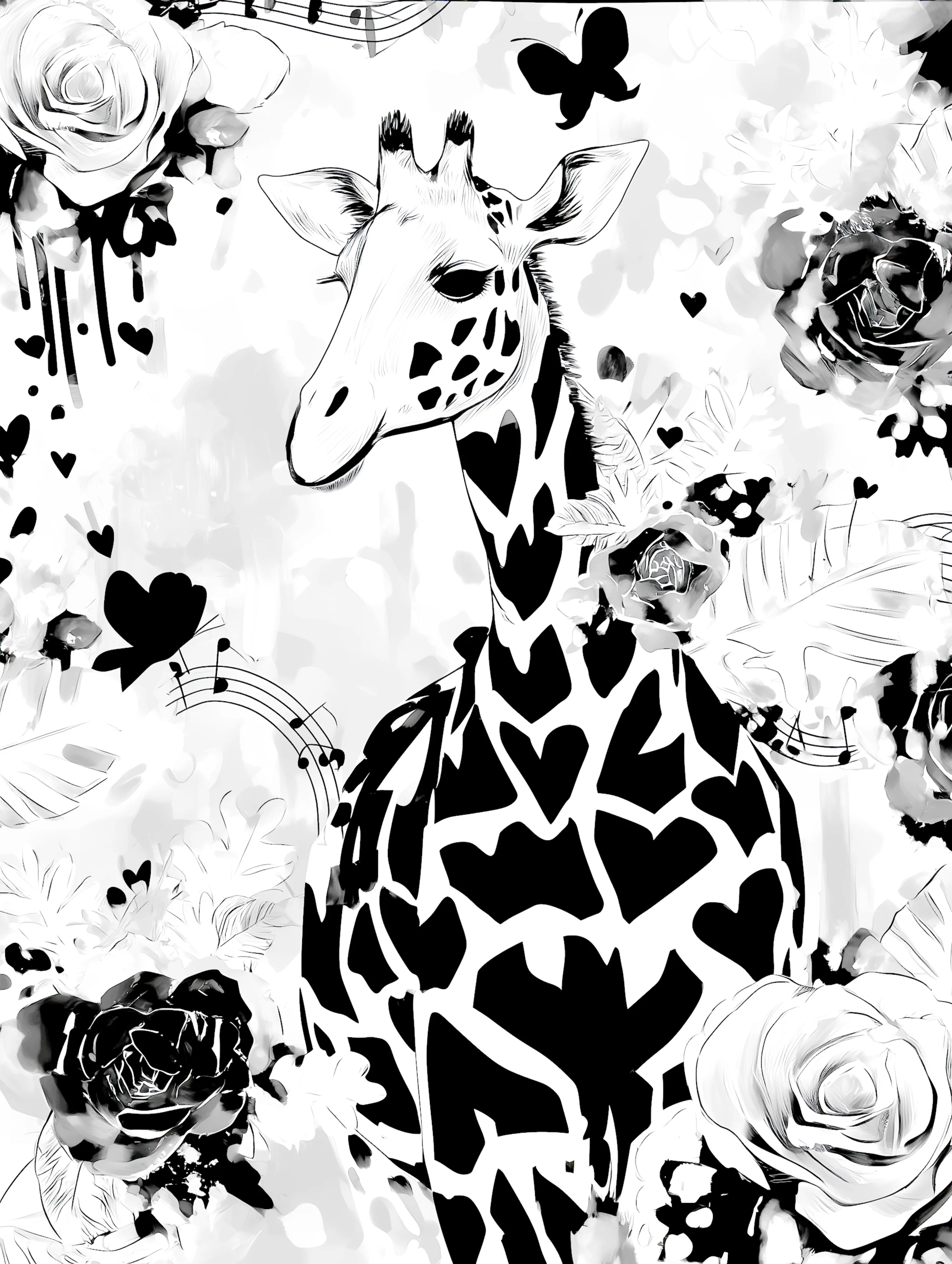 Free printable giraffe coloring page featuring white roses and a giraffe